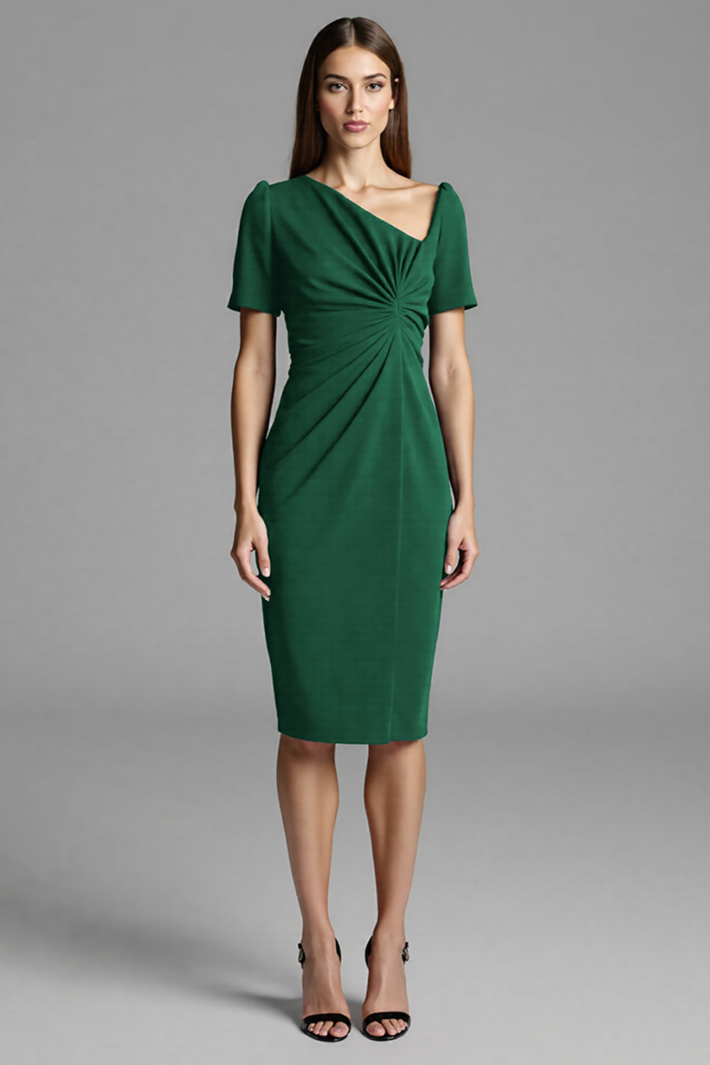 Navy Bodycon Satin Midi Work Dress with Sleeves