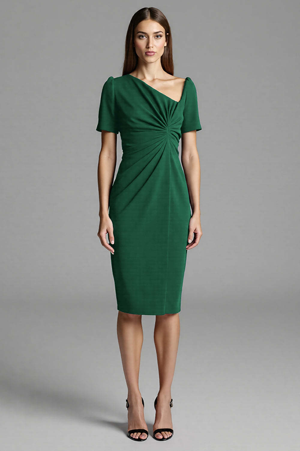 Royal Blue Satin Bodycon Asymmetrical Neck Midi Work Dress