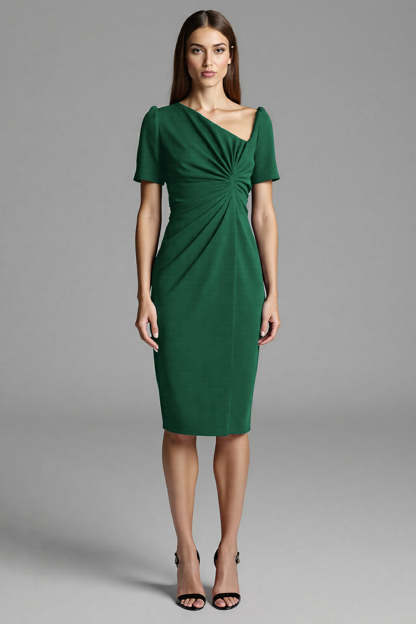 Royal Blue Satin Bodycon Asymmetrical Neck Midi Work Dress