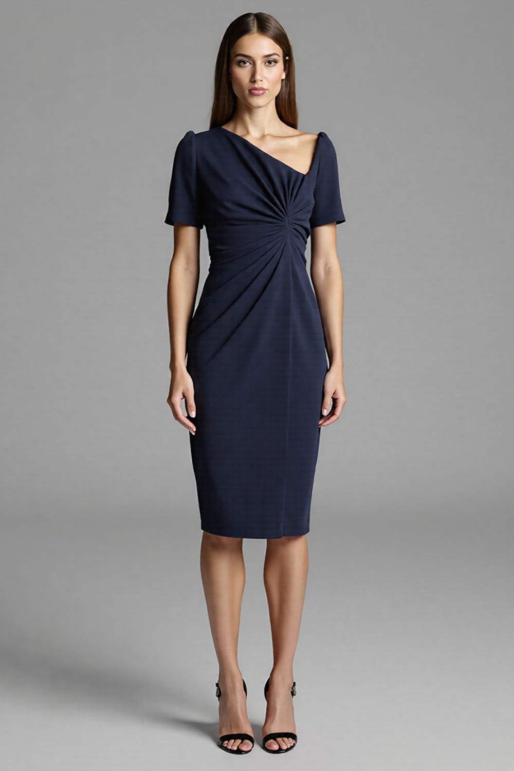 Navy Bodycon Satin Midi Work Dress with Sleeves