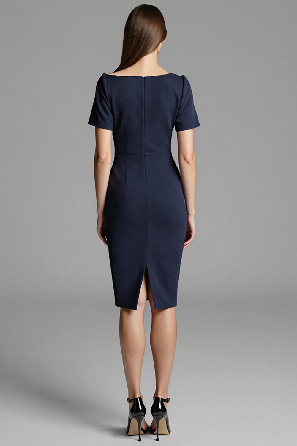Navy Bodycon Satin Midi Work Dress with Sleeves