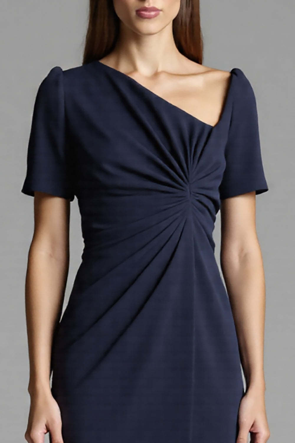 Navy Bodycon Satin Midi Work Dress with Sleeves