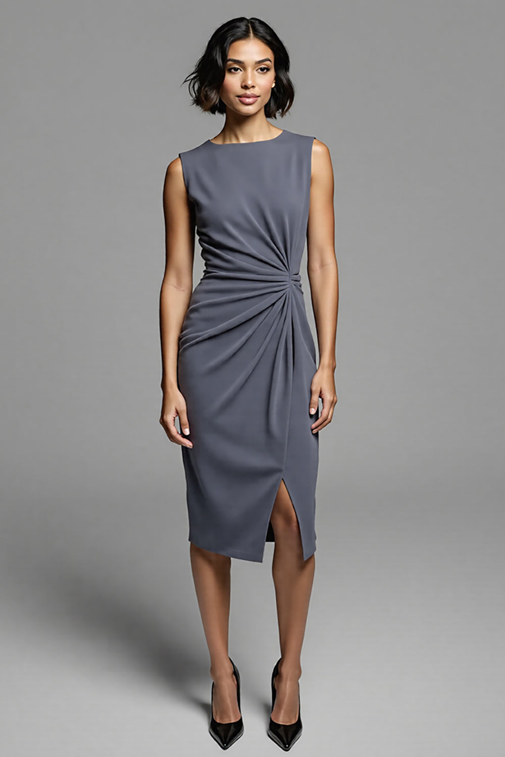Grey Bodycon Ruched Satin Midi Work Dress with Slit