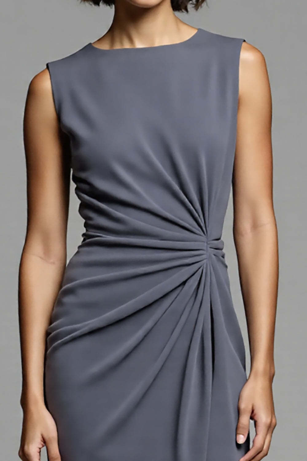 Grey Bodycon Ruched Satin Midi Work Dress with Slit