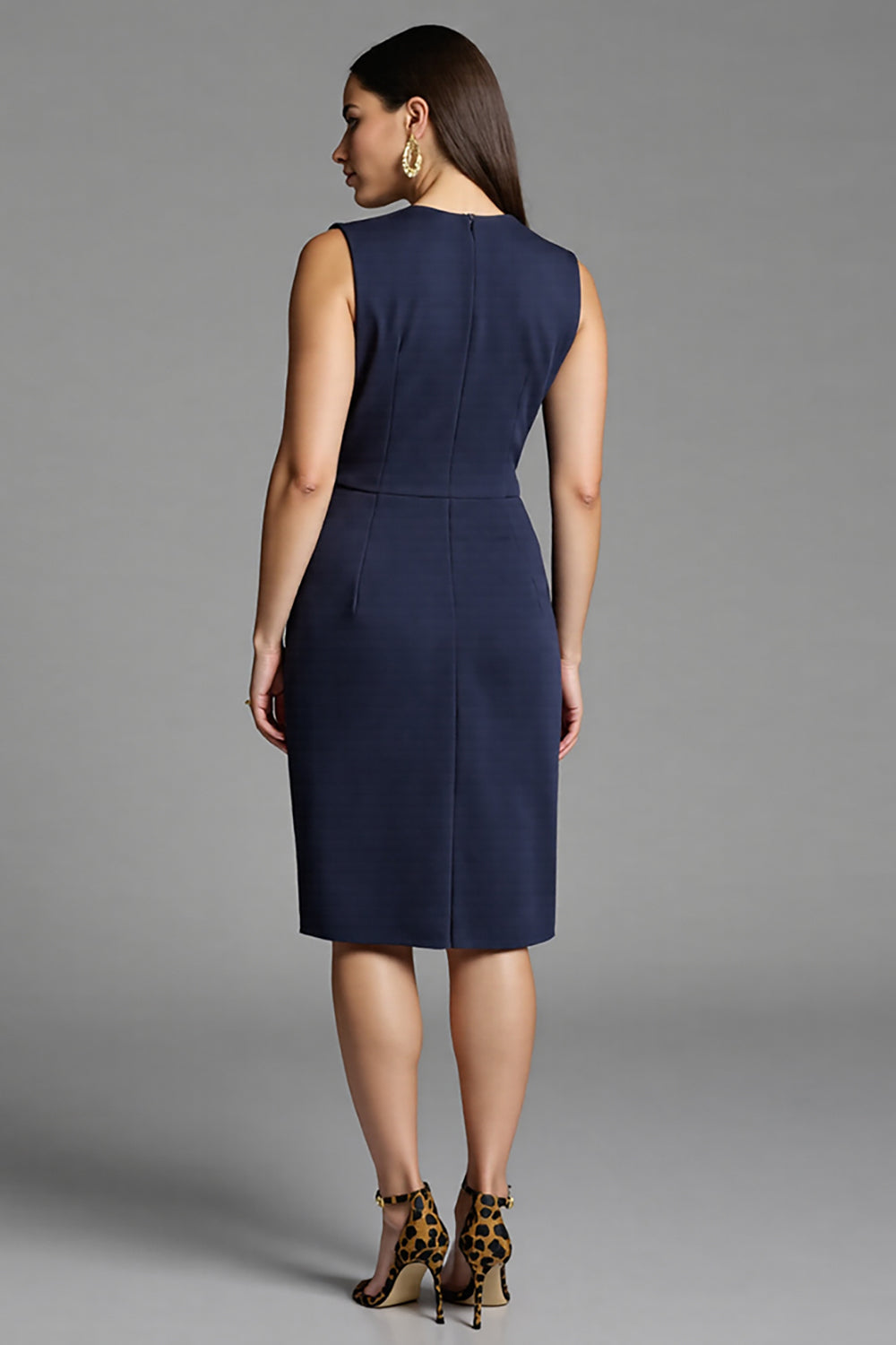Navy Satin Bodycon V-Neck Midi Work Dress with Sash