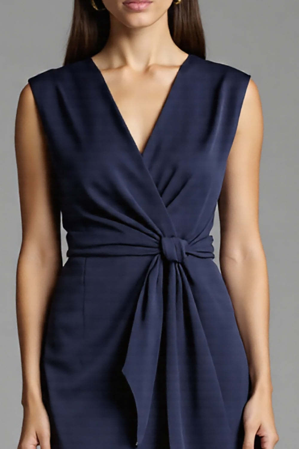 Navy Satin Bodycon V-Neck Midi Work Dress with Sash