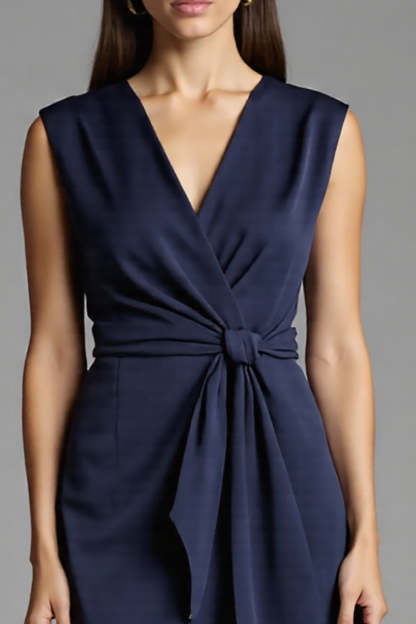 Navy Satin Bodycon V-Neck Midi Work Dress with Sash