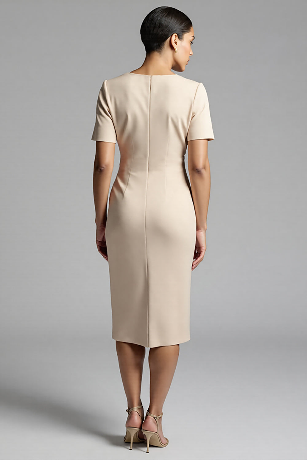 Champagne V-Neck Bodycon Midi Satin Work Dress with Sleeves