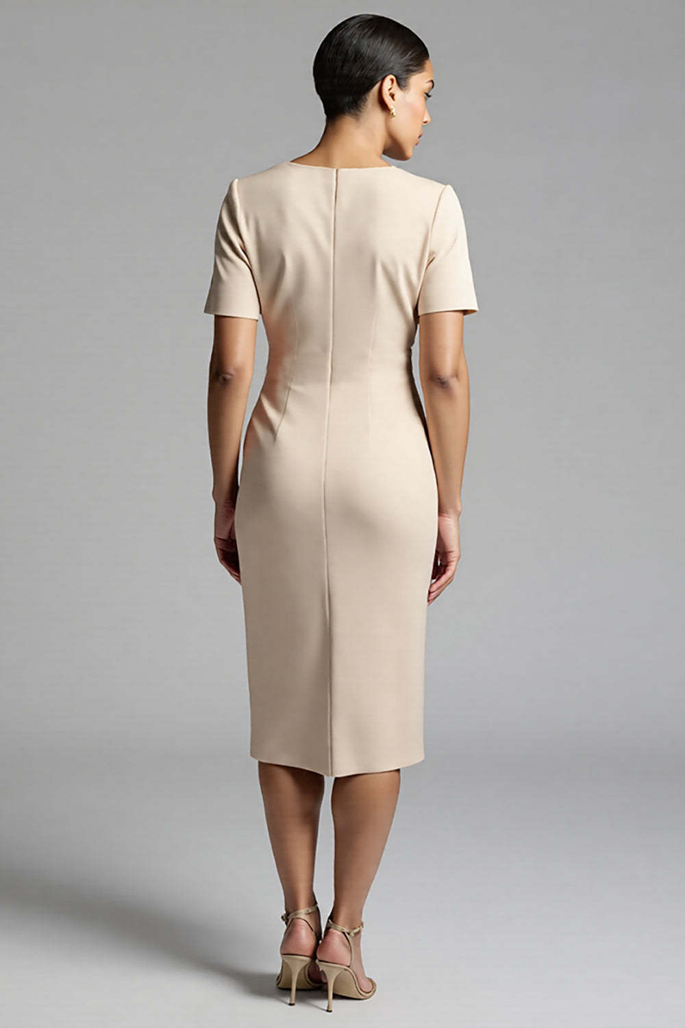 Champagne V-Neck Bodycon Midi Satin Work Dress with Sleeves