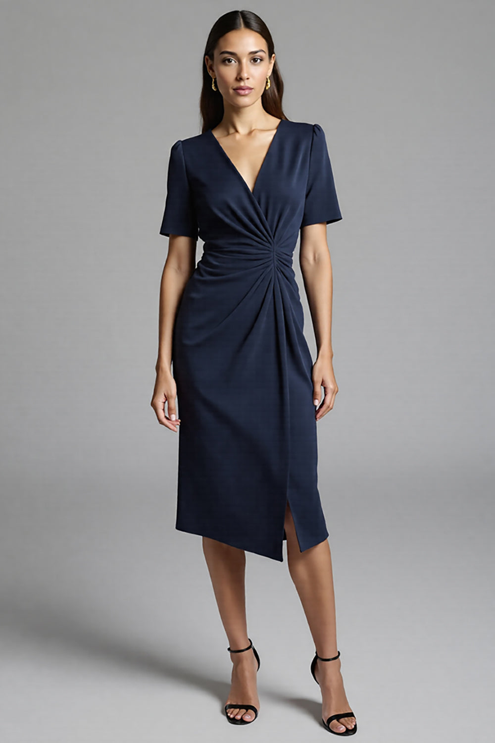 Navy Bodycon V-Neck Satin Midi Work Dress with Sleeves