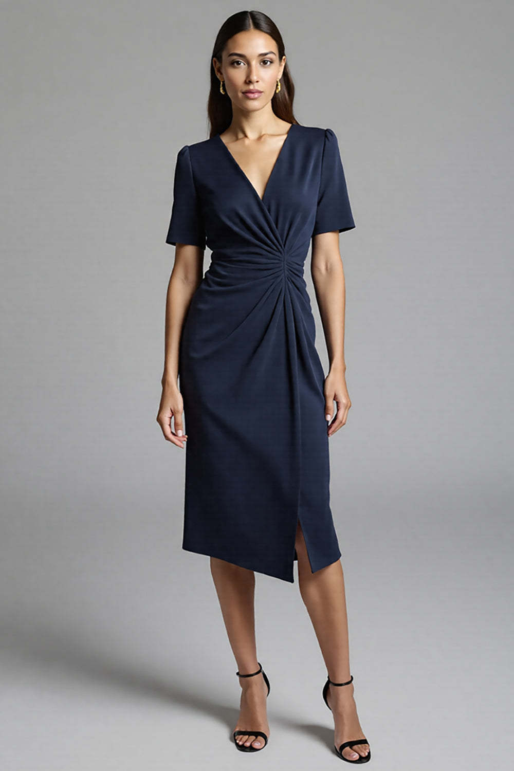 Leely Women Navy Bodycon Satin Midi Work Dress V-Neck Ruched Semi Formal Dress with Sleeves