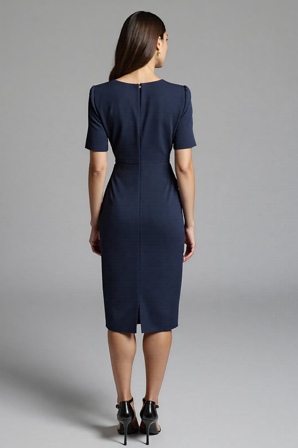 Navy Bodycon V-Neck Satin Midi Work Dress with Sleeves