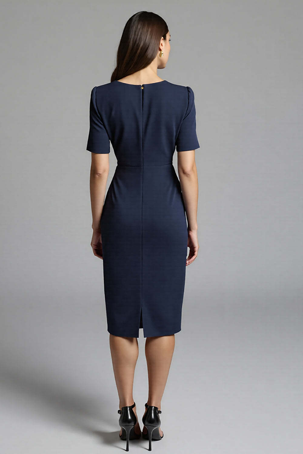 Navy Bodycon V-Neck Satin Midi Work Dress with Sleeves