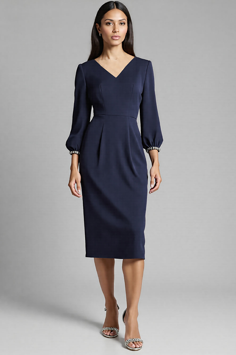 Navy Satin Bodycon V-Neck Midi Work Dress