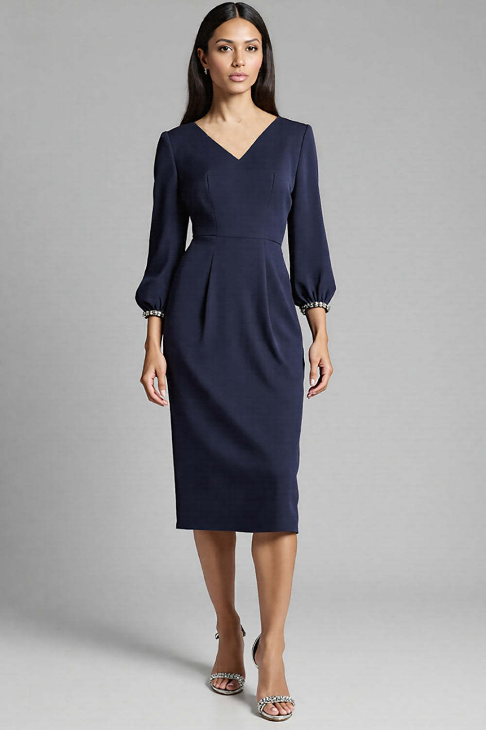 Navy Satin Bodycon V-Neck Midi Work Dress
