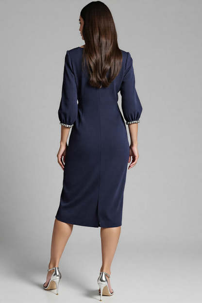 Navy Satin Bodycon V-Neck Midi Work Dress