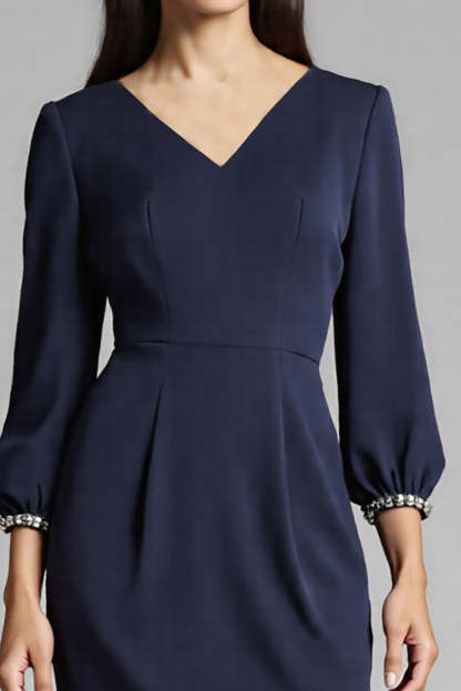Navy Satin Bodycon V-Neck Midi Work Dress