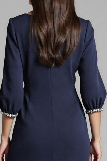 Navy Satin Bodycon V-Neck Midi Work Dress