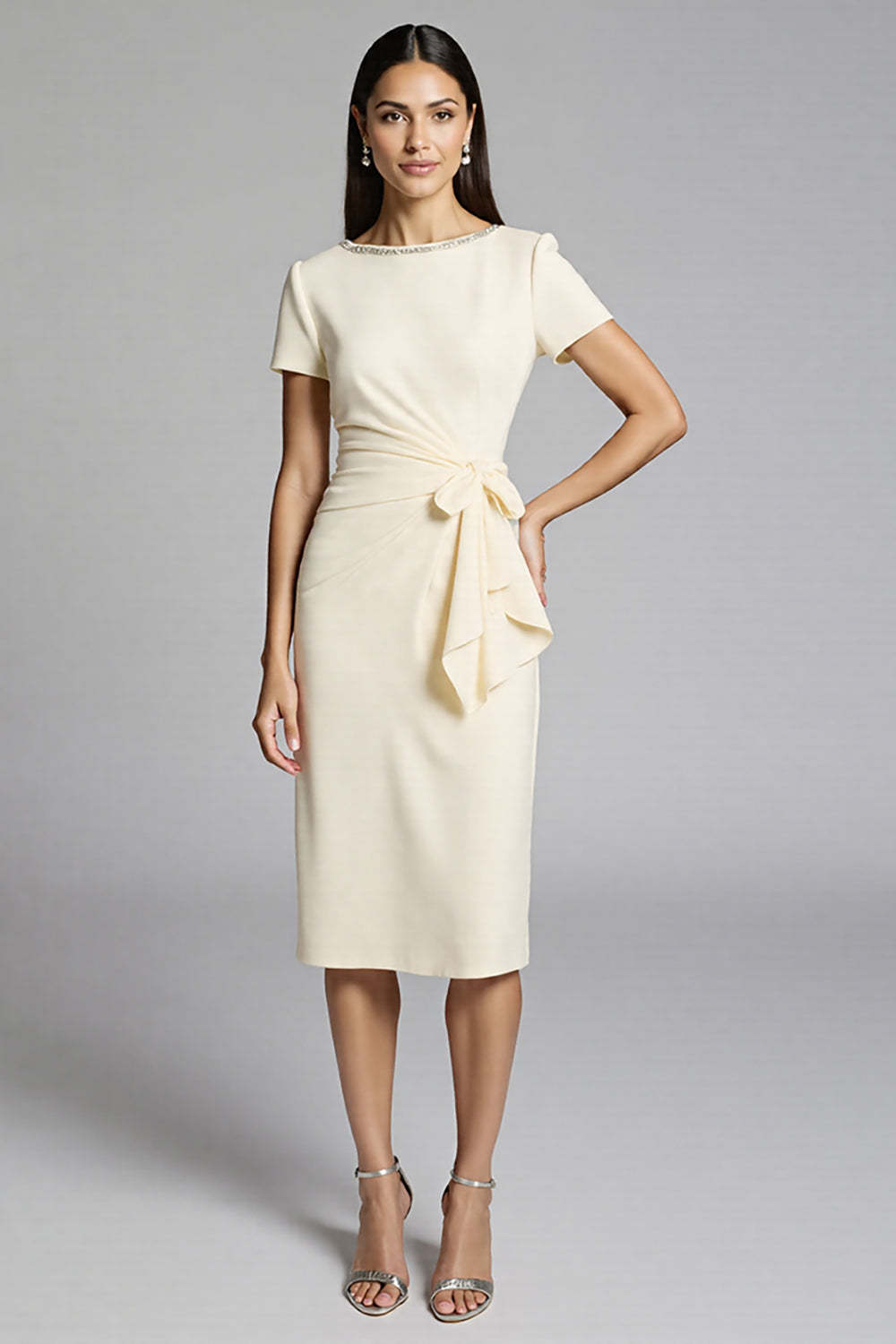 Beige Bodycon Satin Midi Work Dress with Ruffles
