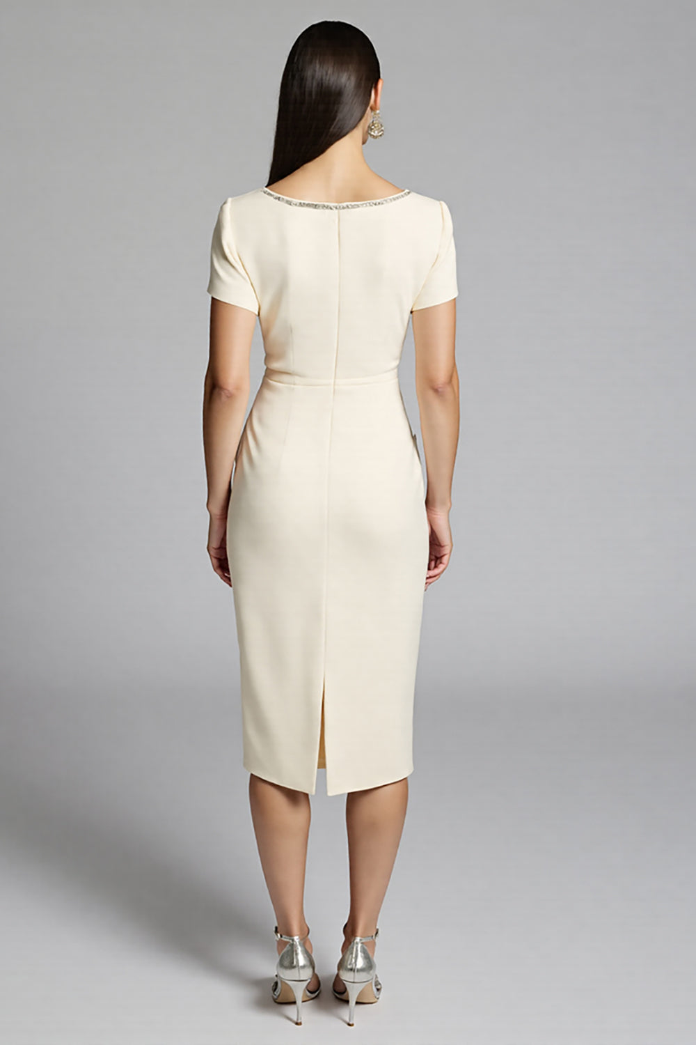 Beige Bodycon Satin Midi Work Dress with Ruffles