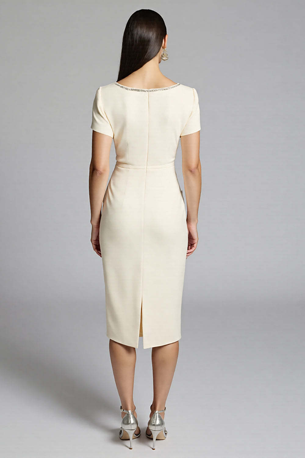 Beige Bodycon Satin Midi Work Dress with Ruffles