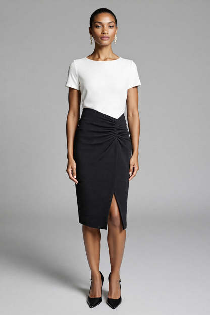 Leely Women Black and White Satin Midi Work Dress with Slit Ruched Crew Neck Bodycon Semi Formal Dress with Sleeves