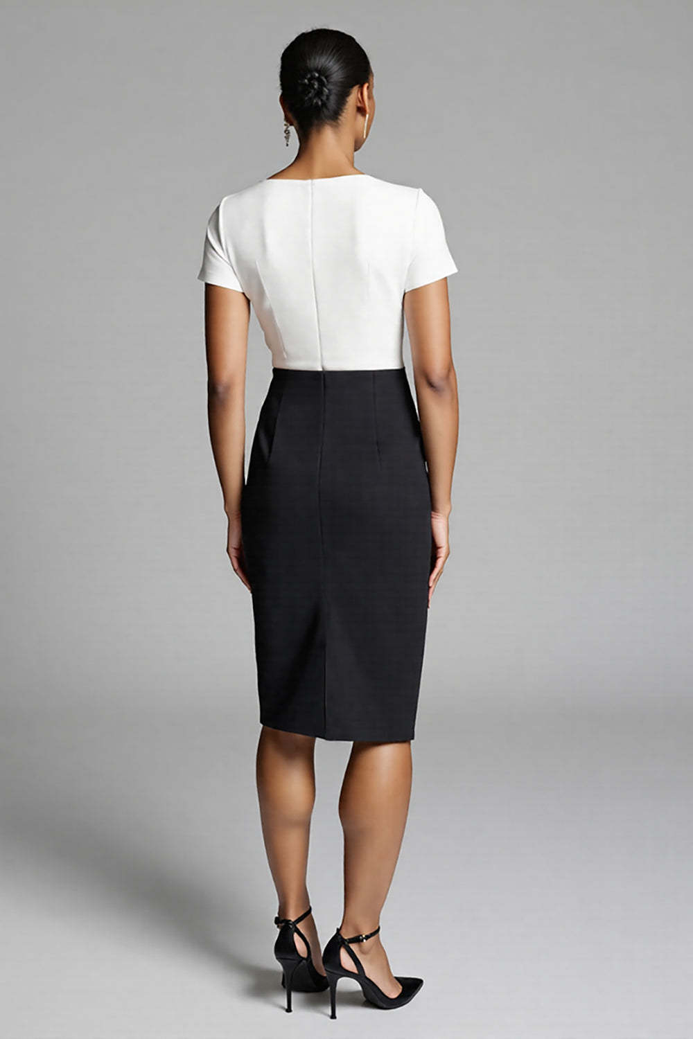 Black and White Satin Bodycon Midi Work Dress with Slit