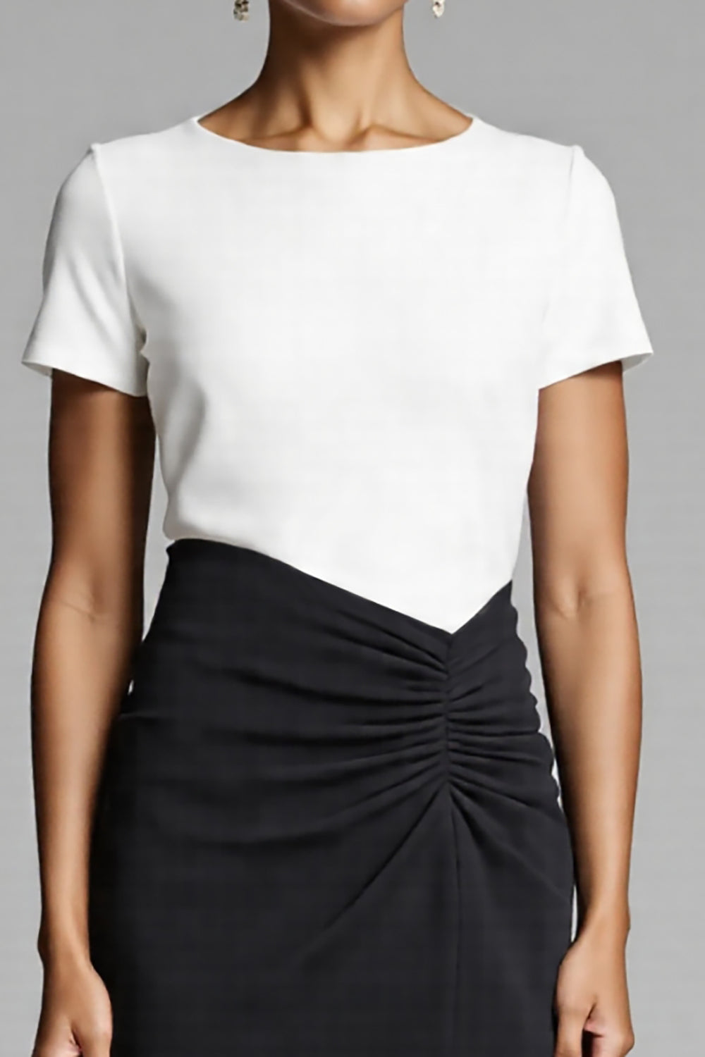 Black and White Satin Bodycon Midi Work Dress with Slit