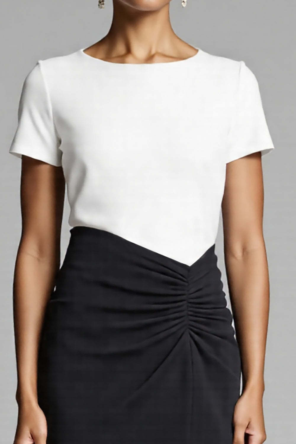 Black and White Satin Bodycon Midi Work Dress with Slit