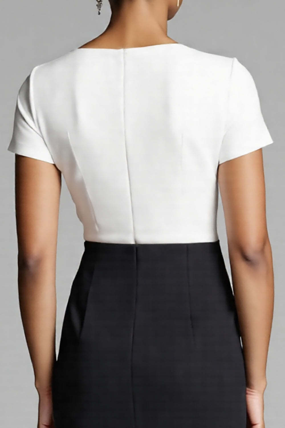 Black and White Satin Bodycon Midi Work Dress with Slit