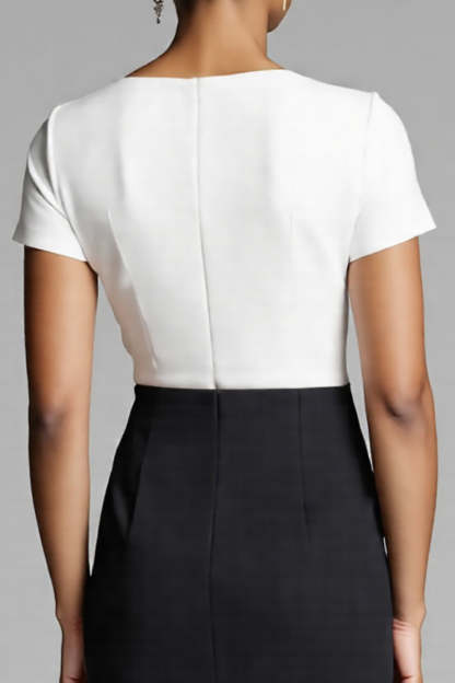 Black and White Satin Bodycon Midi Work Dress with Slit