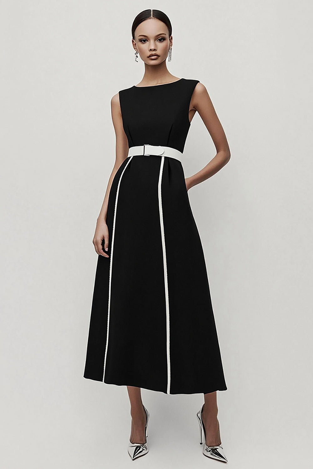 Leely Women Black and White Satin Maxi Work Dress with Belt A Line Crew Neck Semi Formal Dress