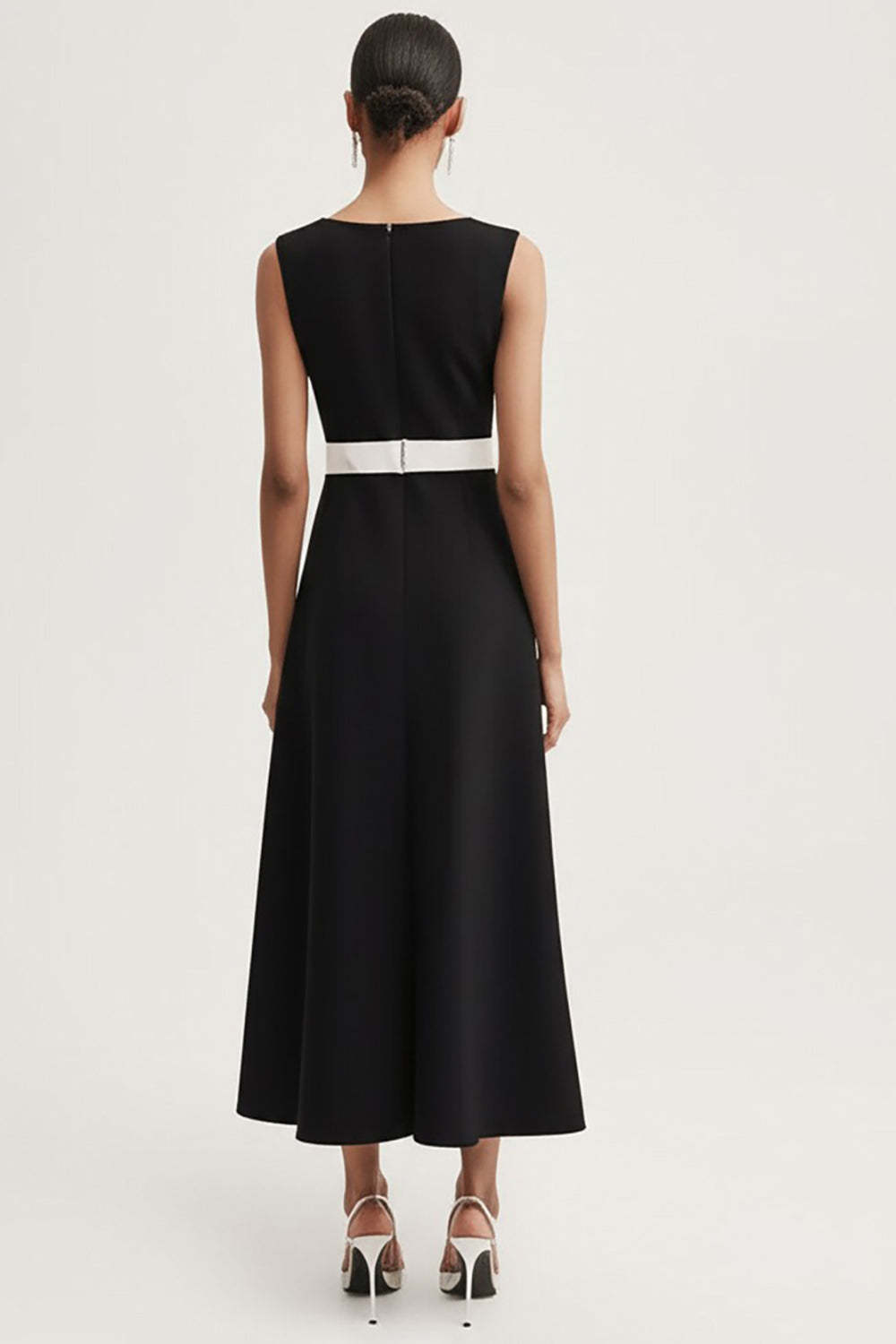 Black and White A Line Satin Maxi Work Dress with Belt