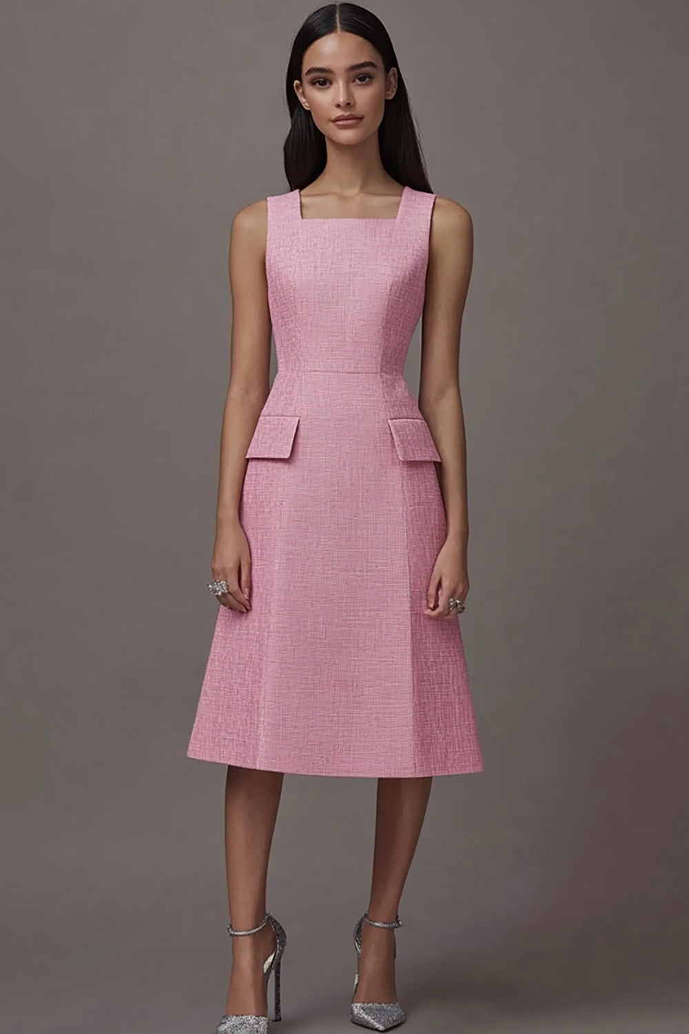 Pink A Line Square Neck Midi Work Dress with Pockets