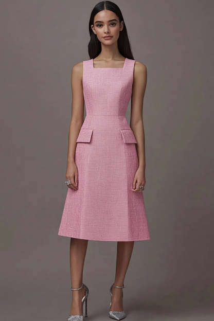 Leely Women Pink Midi A Line Work Dress with Pockets Square Neck Semi Formal Dress