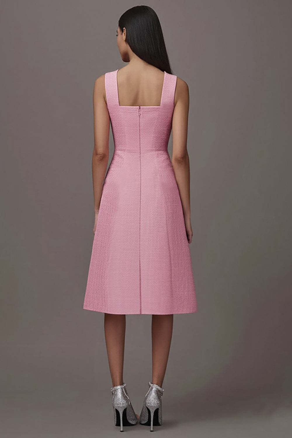 Pink A Line Square Neck Midi Work Dress with Pockets