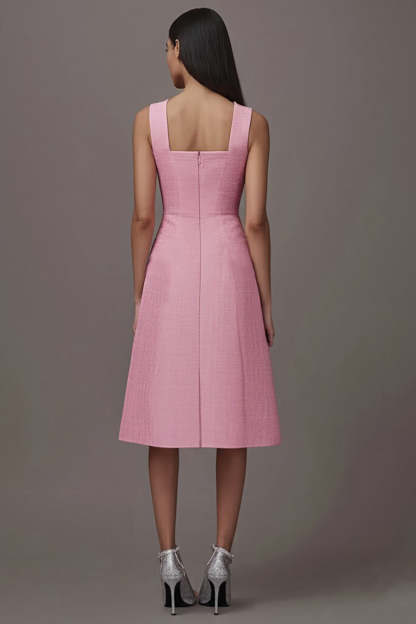 Pink A Line Square Neck Midi Work Dress with Pockets