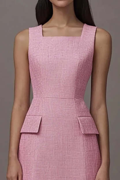 Pink A Line Square Neck Midi Work Dress with Pockets