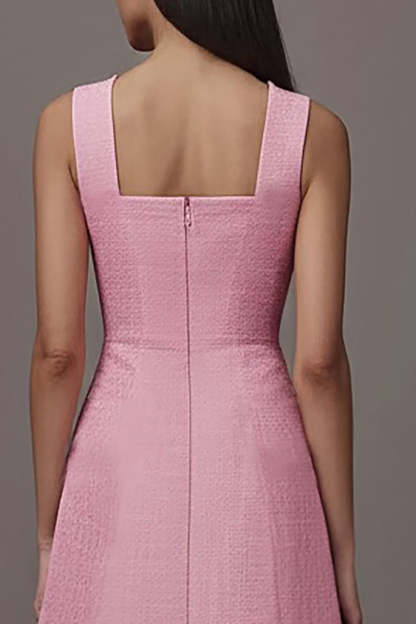 Pink A Line Square Neck Midi Work Dress with Pockets