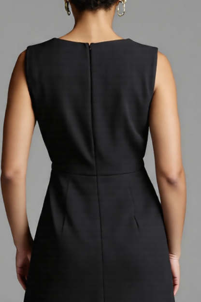 Black and White Satin A Line Midi Work Dress with Ruffles