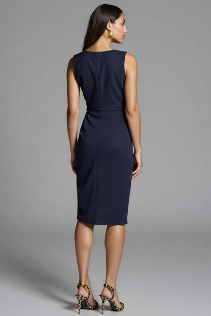 Navy Bodycon Ruched Satin Midi Work Dress