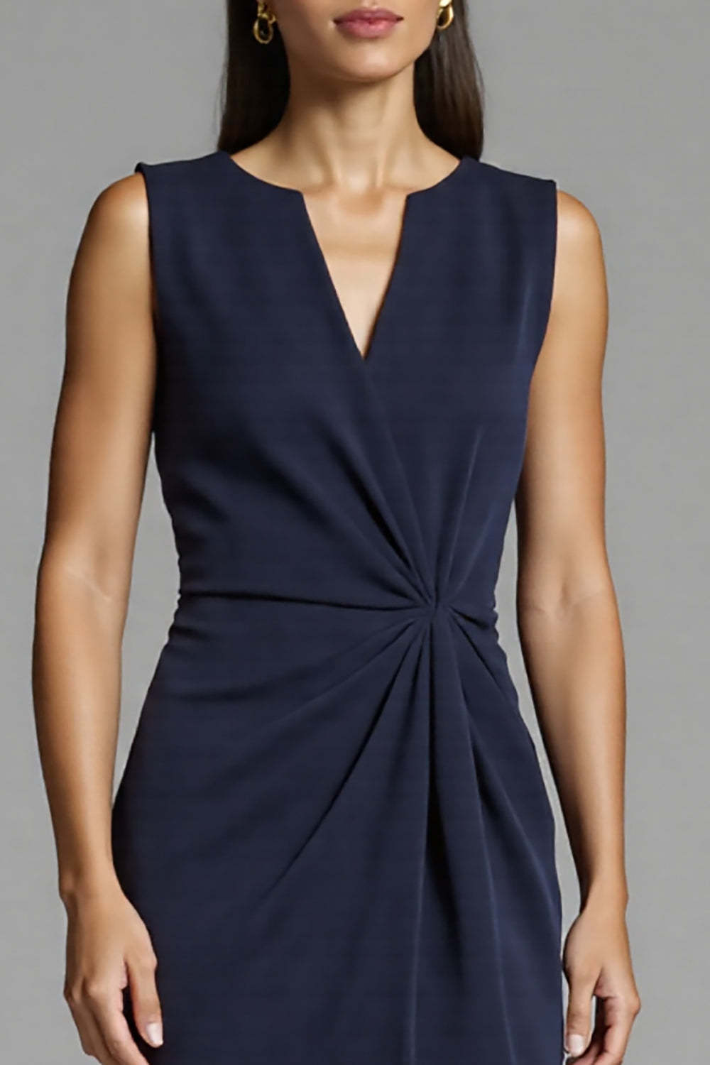 Navy Bodycon Ruched Satin Midi Work Dress