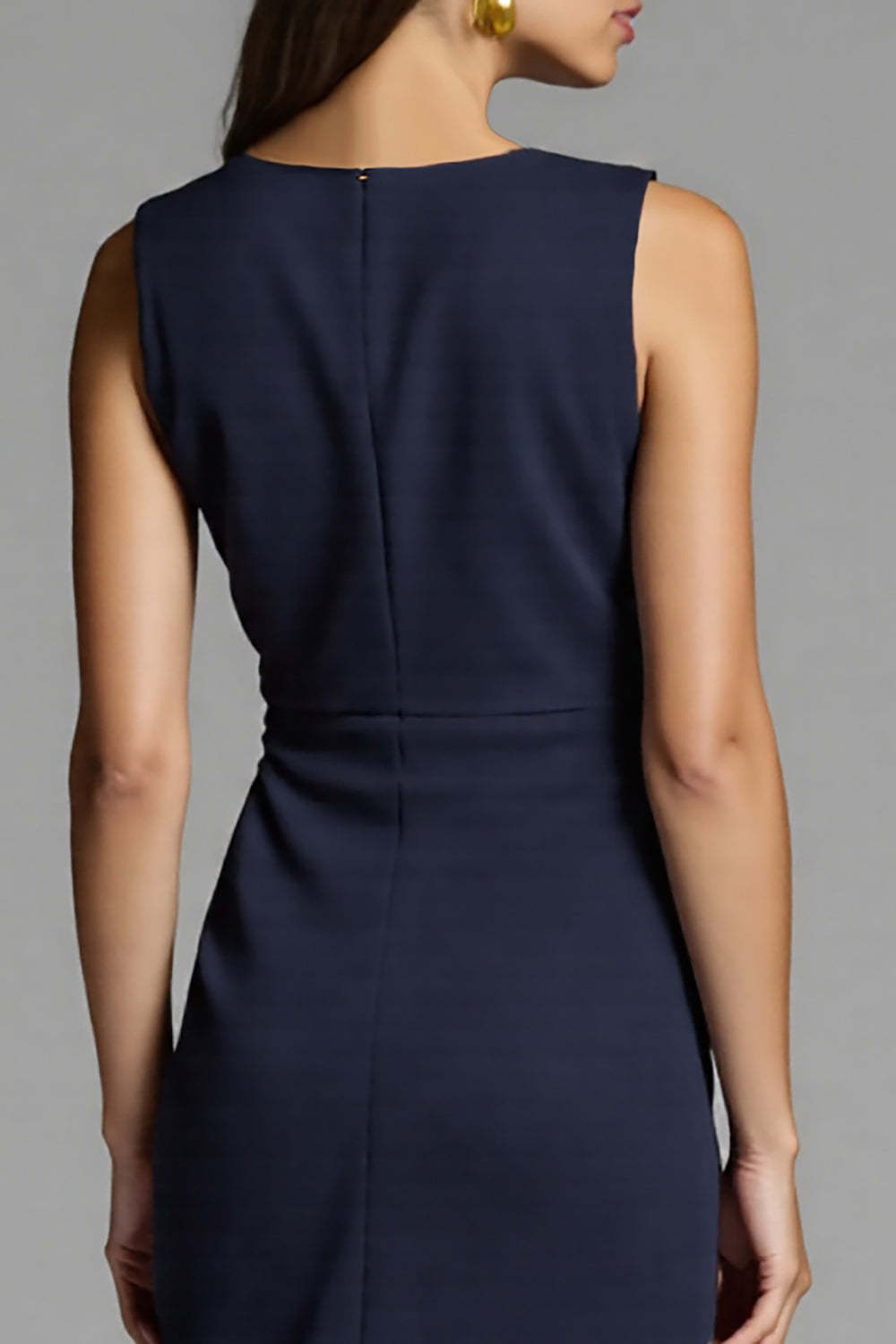 Navy Bodycon Ruched Satin Midi Work Dress