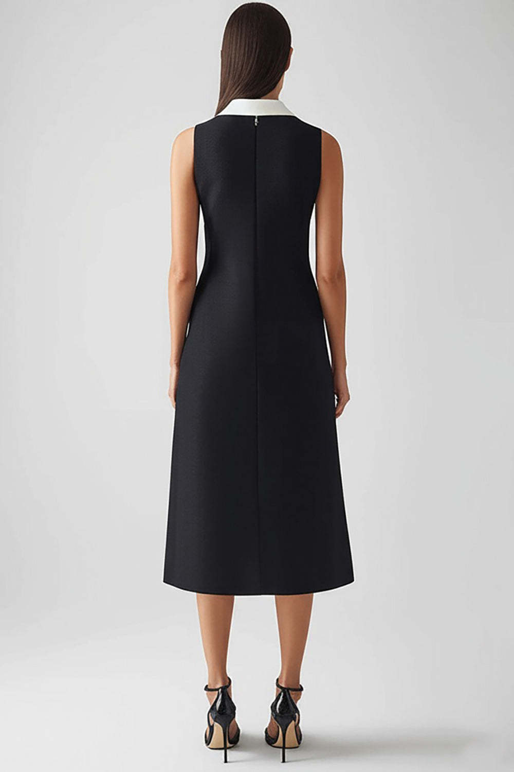 Black and White Sheath Satin Collar Neck Midi Work Dress