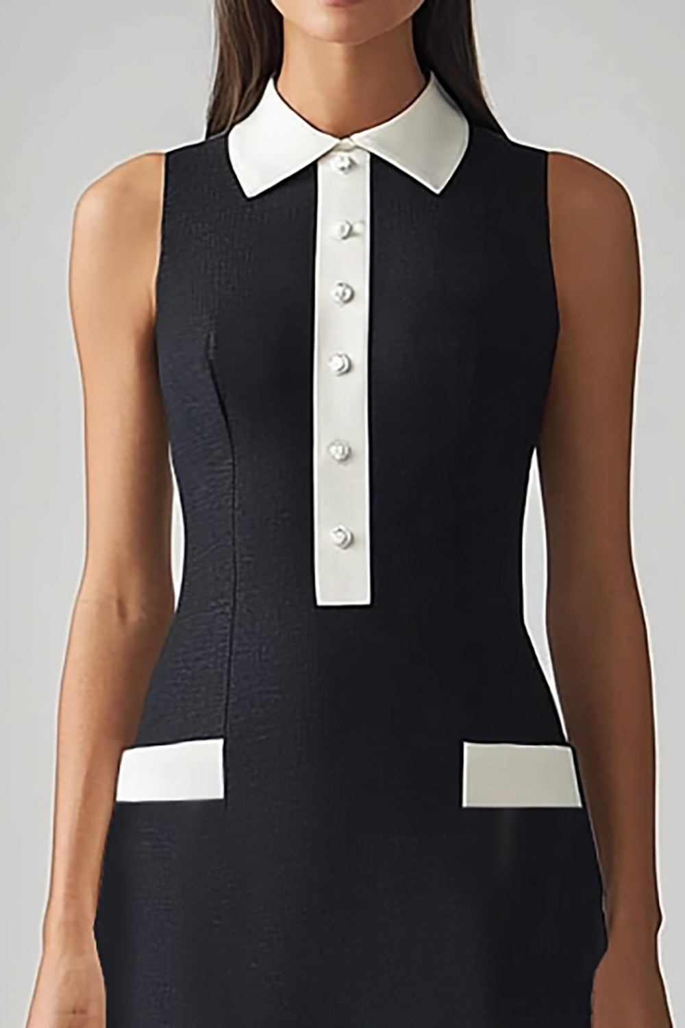 Black and White Sheath Satin Collar Neck Midi Work Dress