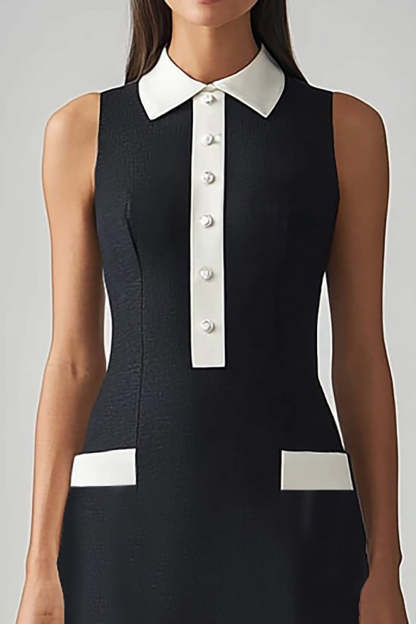 Black and White Sheath Satin Collar Neck Midi Work Dress