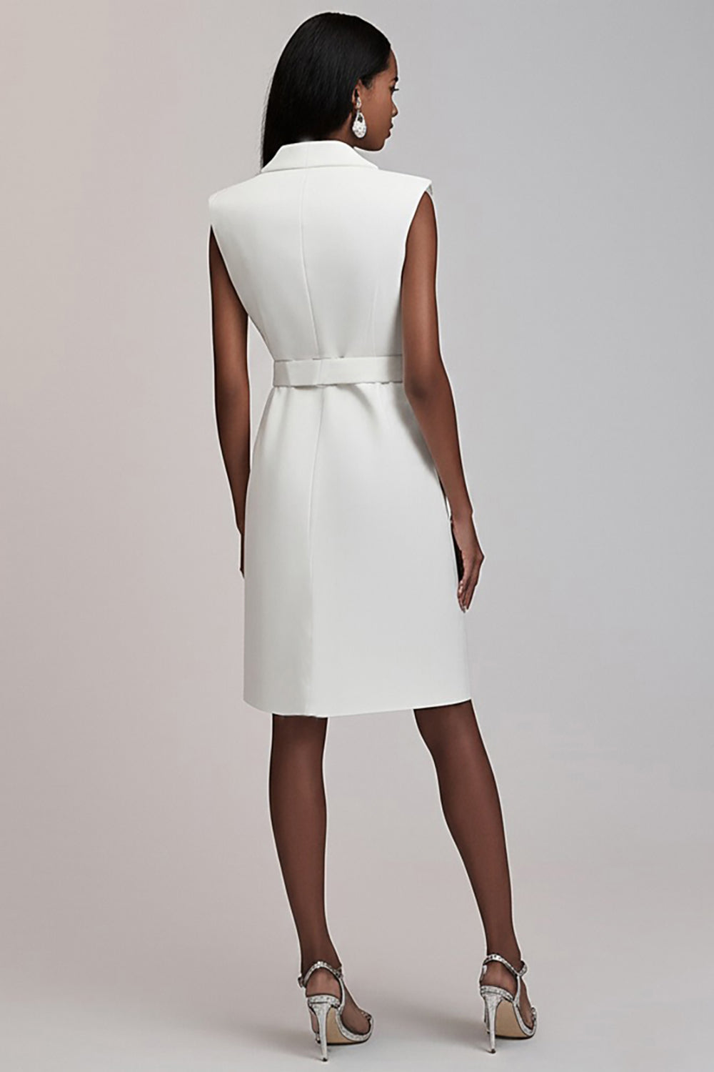 Ivory Satin Notched Lapel Short Work Blazer Dress with Belt