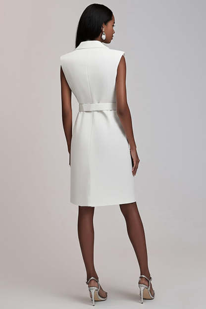 Ivory Satin Notched Lapel Short Work Blazer Dress with Belt