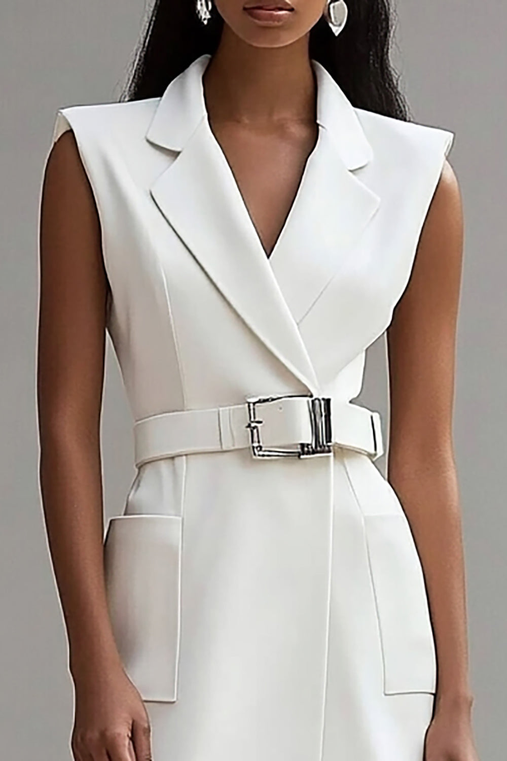 Ivory Satin Notched Lapel Short Work Blazer Dress with Belt