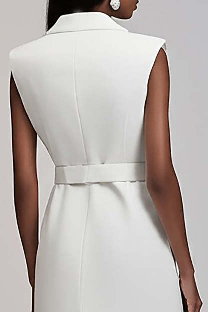 Ivory Satin Notched Lapel Short Work Blazer Dress with Belt